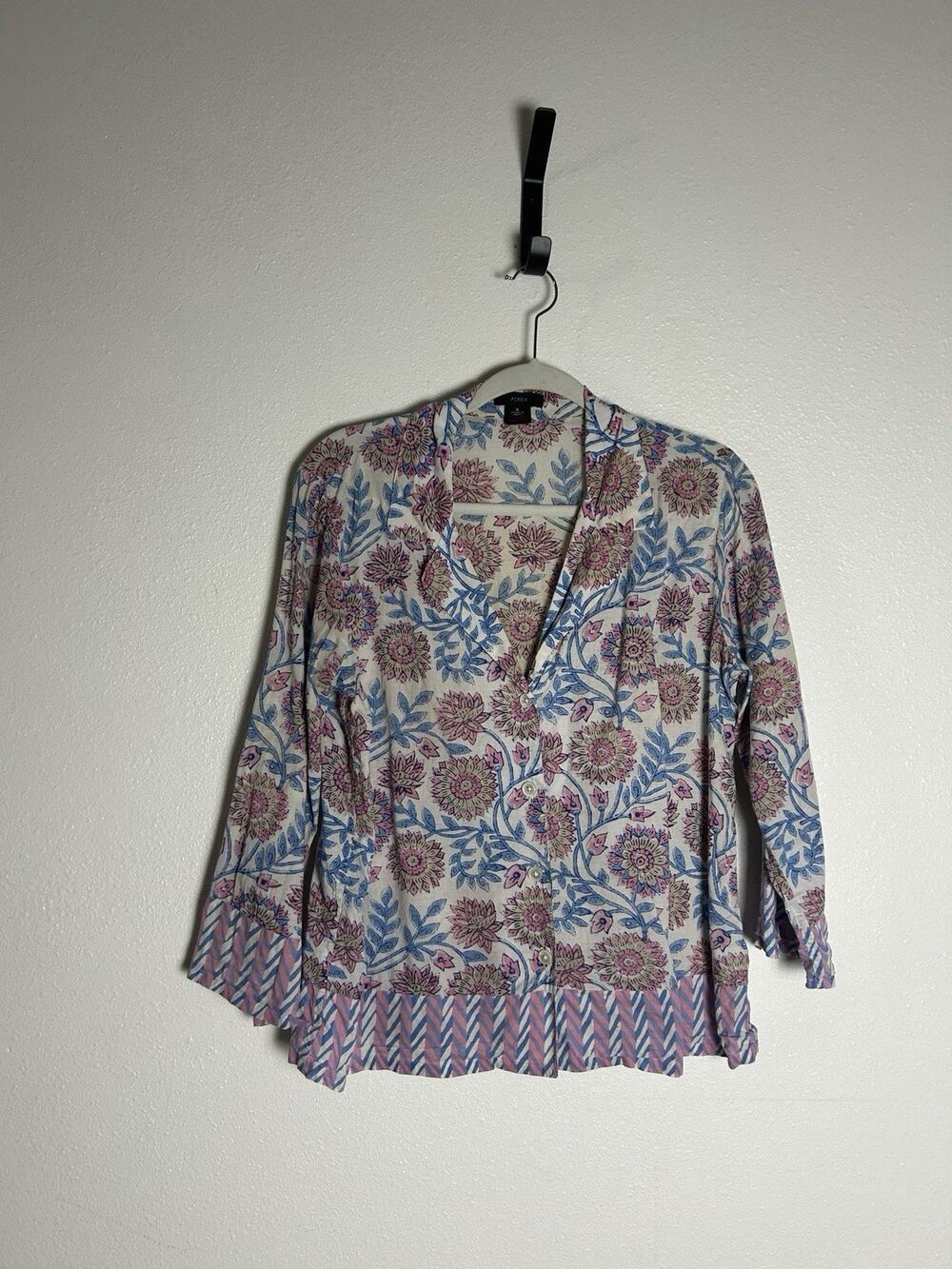 J.Crew Blue and Pink Floral Pajama Top 3/4 Sleeve Cotton Preppy Size Small
